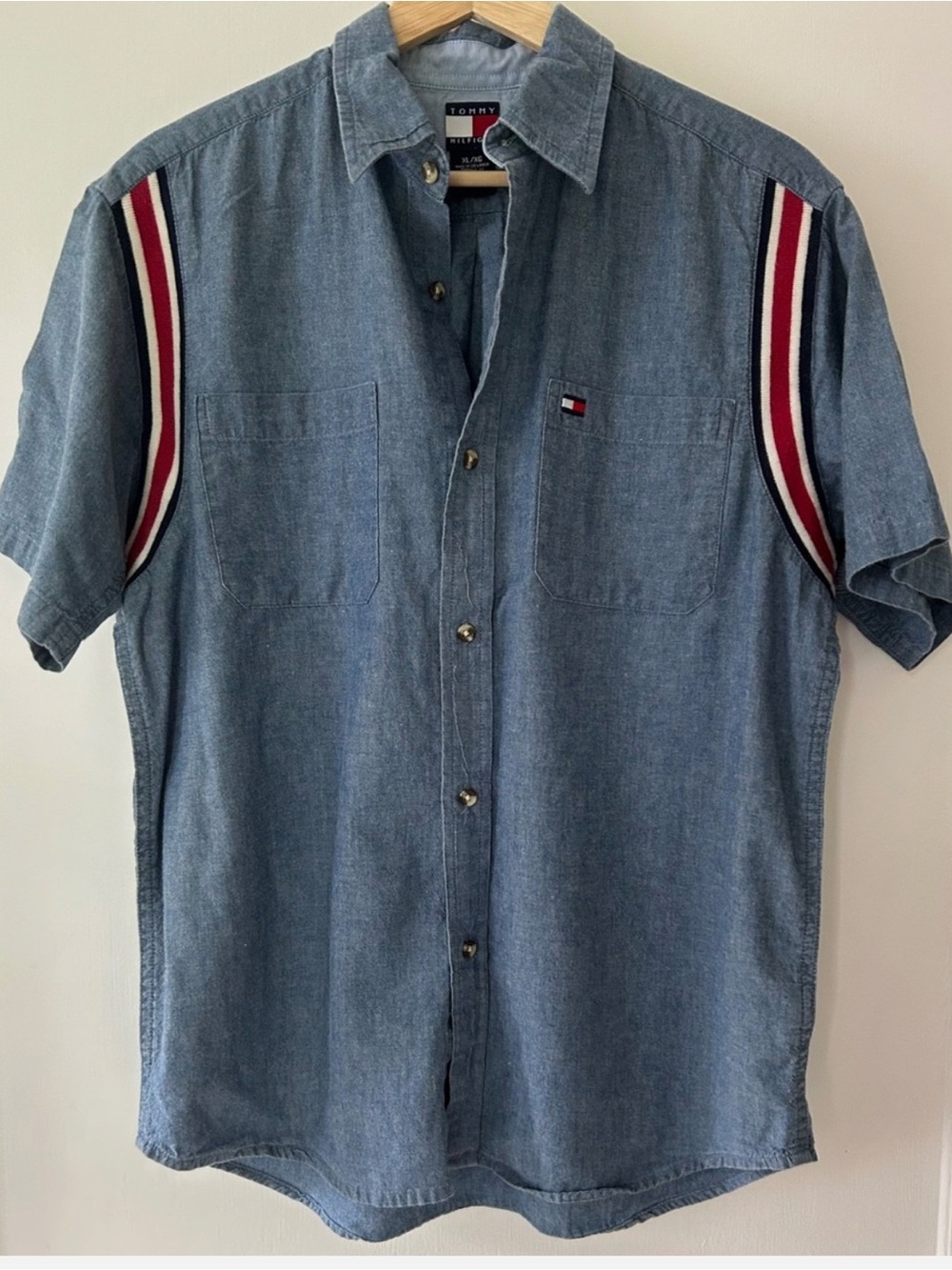 Vintage TOMMY HILFIGER Shirt Mens XL CHAMBRAY Denim Knit Arm Stripes COTTON 2001
